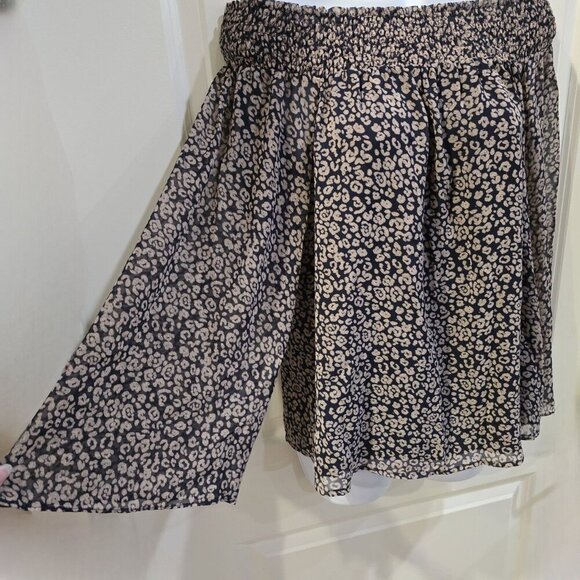 Rebecca Minkoff ✦ Smocked Off-Shoulder Top ✦ Sheer Overlay Floral Navy Tan Sz S - Picture 4 of 16